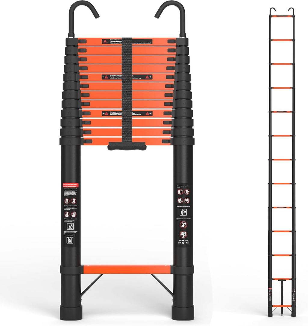 Telescopic ladder, aluminum alloy telescopic ladder, 330 lbs load capacity, multi-purpose foldable ladder for home and office use; orange