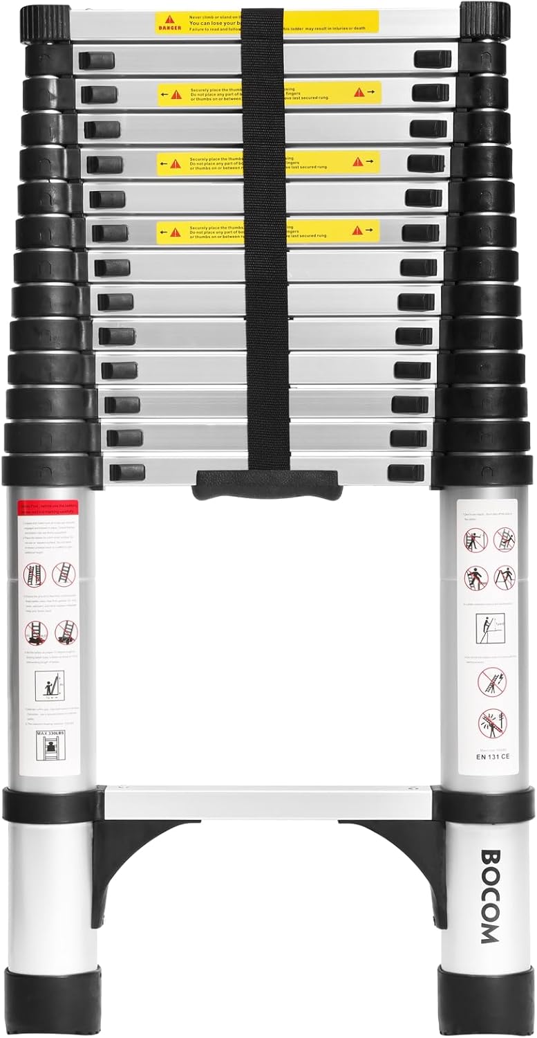 Lightweight, multi-functional, foldable aluminum telescopic ladder with two triangular stabilizers; maximum load capacity 330 lbs.