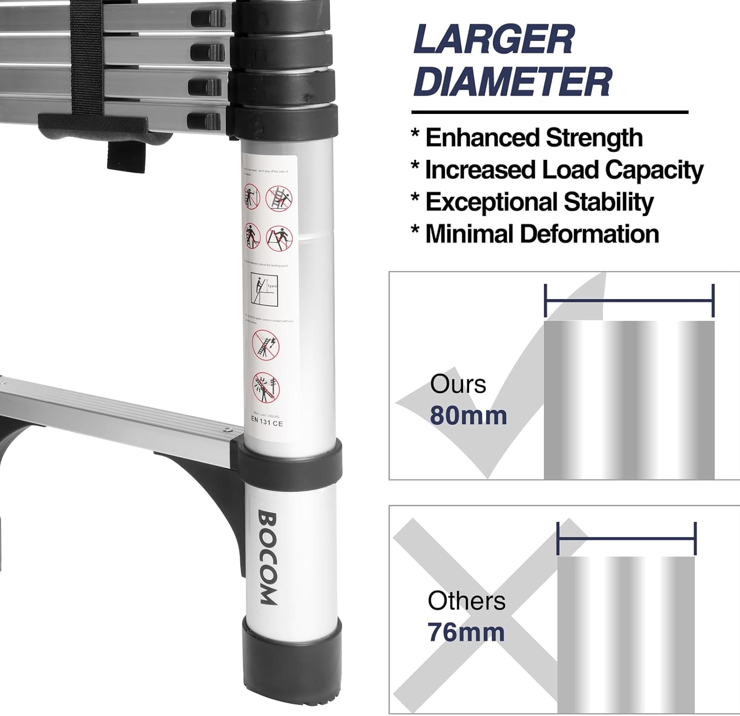 Lightweight, multi-functional, foldable aluminum telescopic ladder with two triangular stabilizers; maximum load capacity 330 lbs.