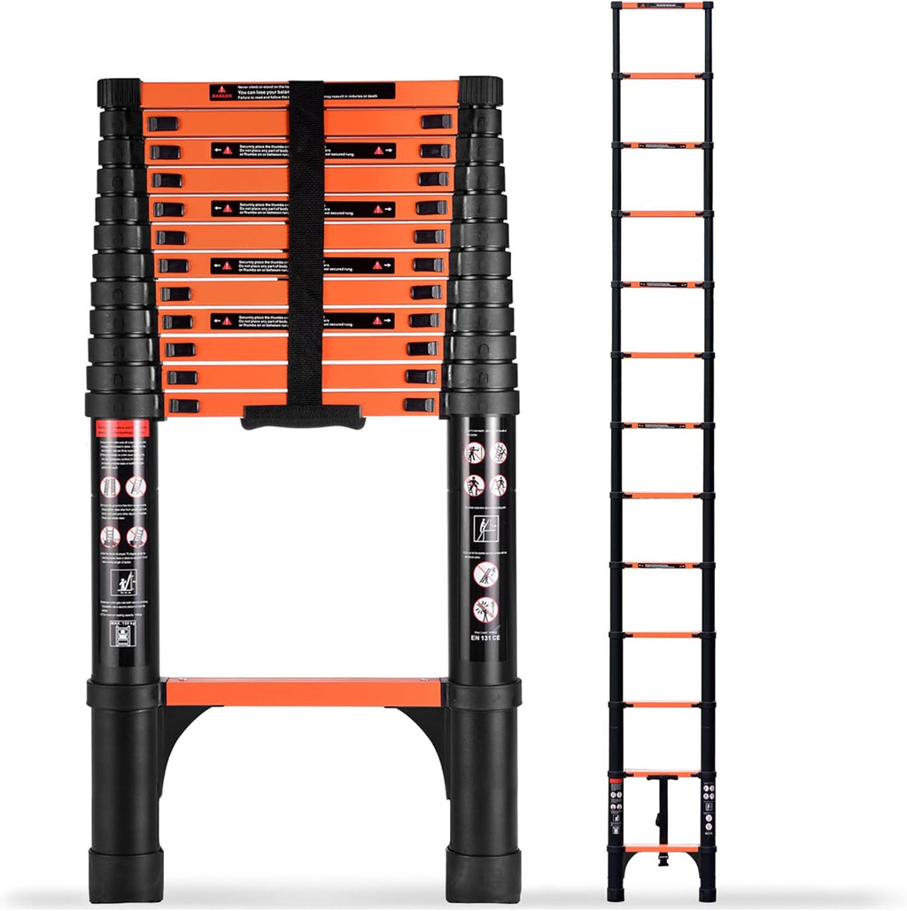 Telescopic ladder, aluminum alloy telescopic ladder, 330 lbs load capacity, multi-purpose foldable ladder for home and office use; orange