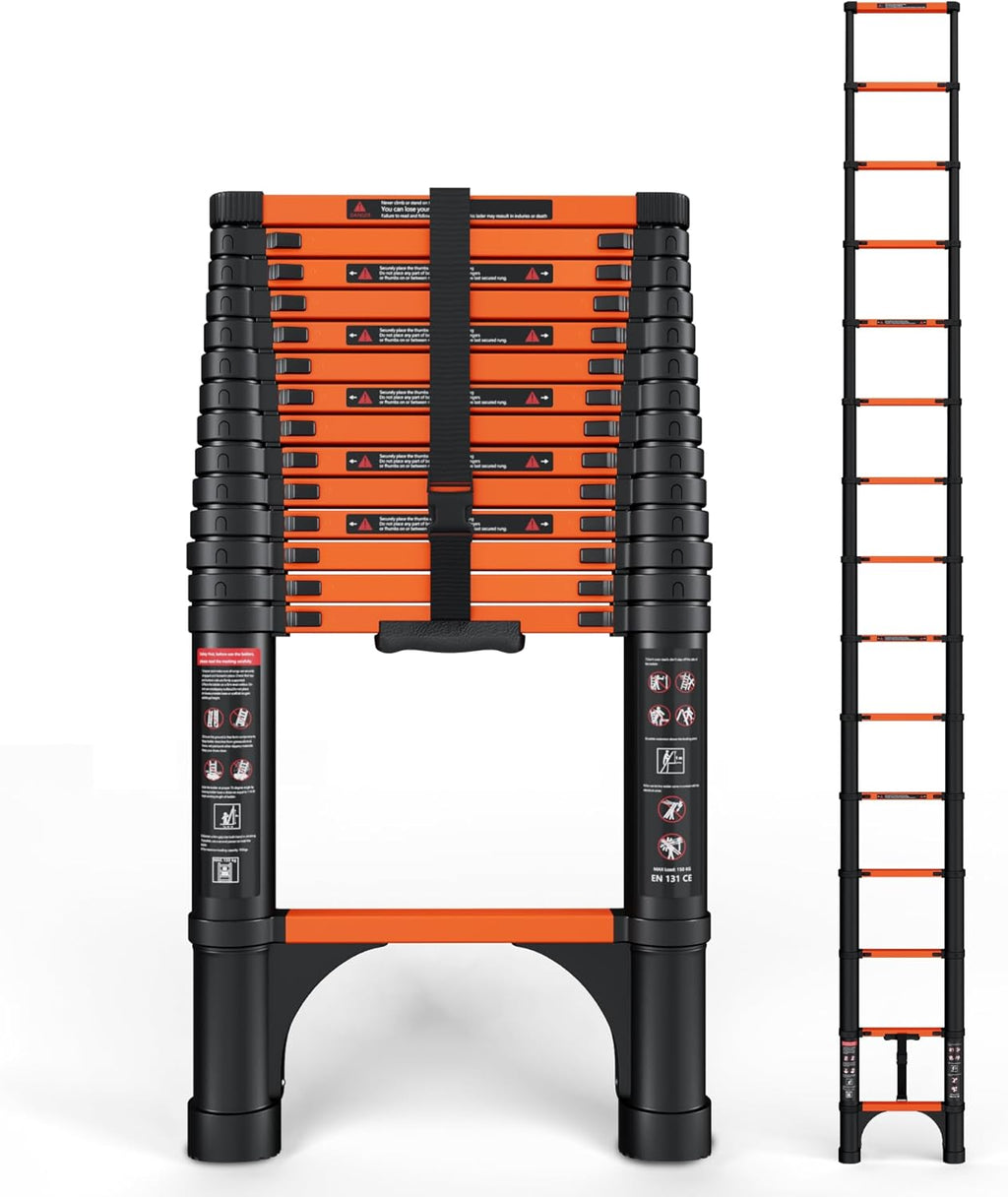 Telescopic ladder, aluminum alloy telescopic ladder, 330 lbs load capacity, multi-purpose foldable ladder for home and office use; orange