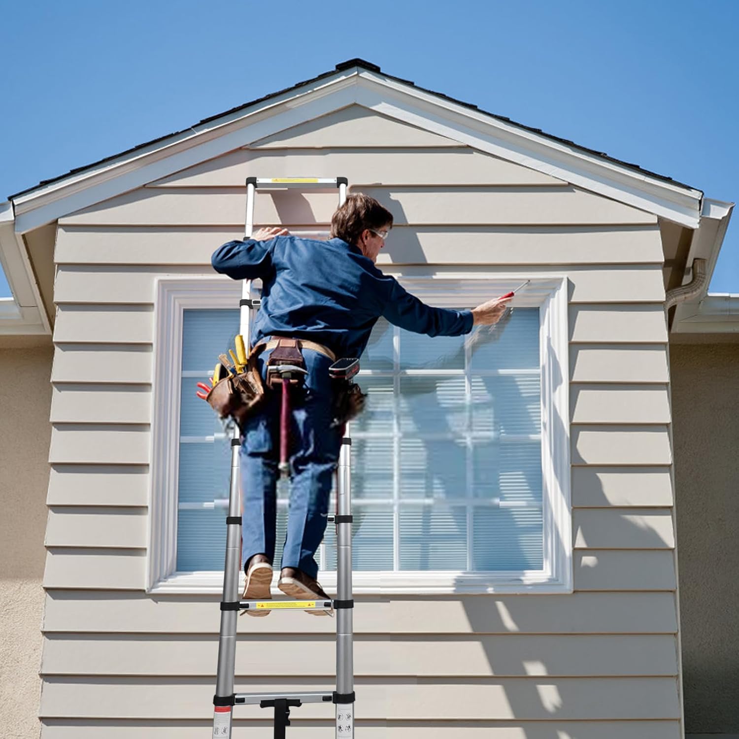 Lightweight, multi-functional, foldable aluminum telescopic ladder with two triangular stabilizers; maximum load capacity 330 lbs.