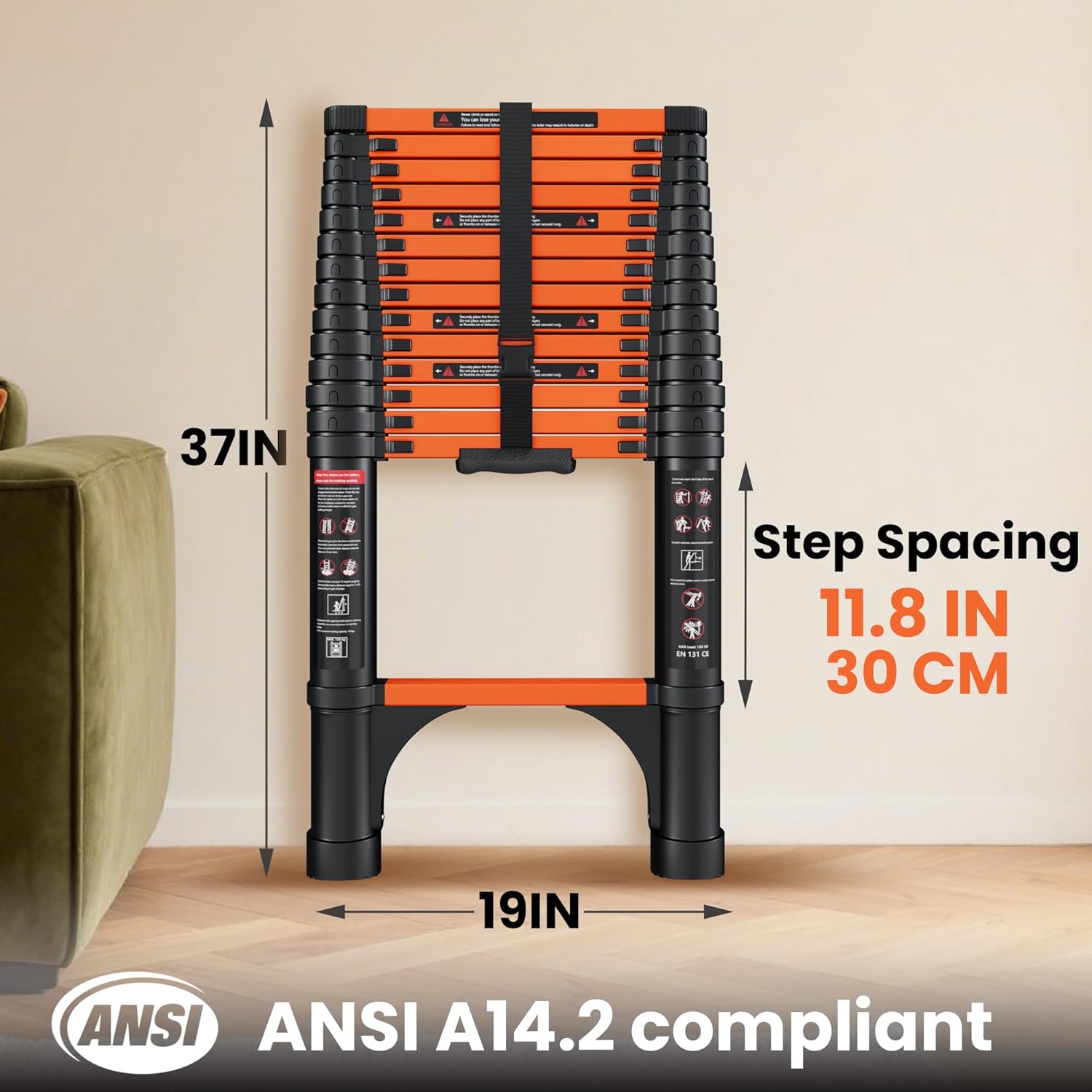 Telescopic ladder, aluminum alloy telescopic ladder, 330 lbs load capacity, multi-purpose foldable ladder for home and office use; orange