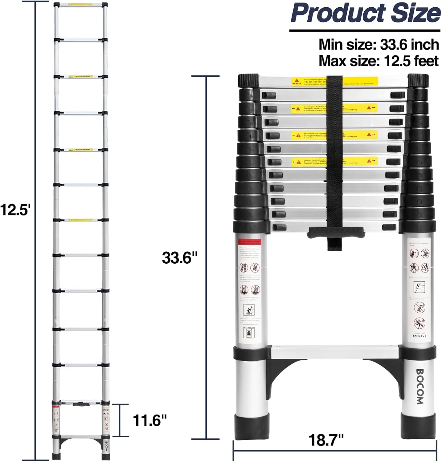 Lightweight, multi-functional, foldable aluminum telescopic ladder with two triangular stabilizers; maximum load capacity 330 lbs.