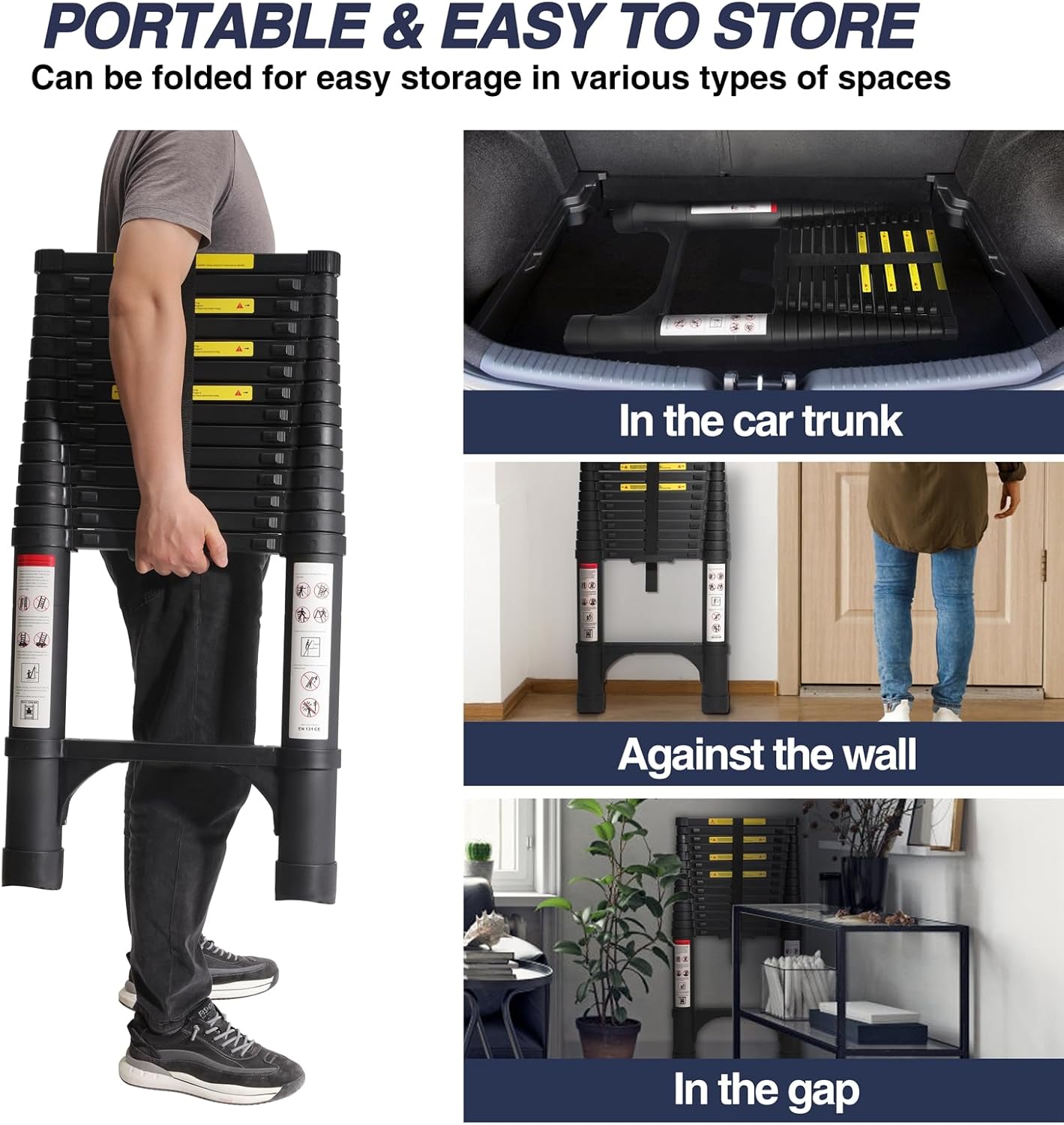 Lightweight, multi-functional, foldable aluminum telescopic ladder with two triangular stabilizers; maximum load capacity 330 lbs.