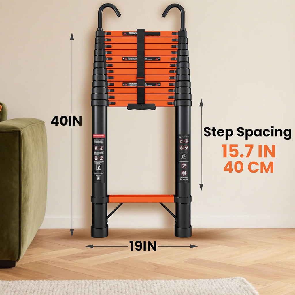 Telescopic ladder, aluminum alloy telescopic ladder, 330 lbs load capacity, multi-purpose foldable ladder for home and office use; orange