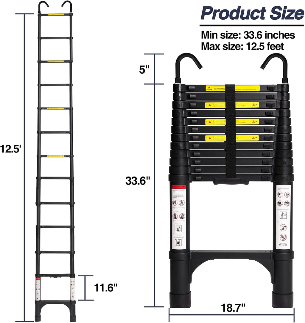 Lightweight, multi-functional, foldable aluminum telescopic ladder with two triangular stabilizers; maximum load capacity 330 lbs.