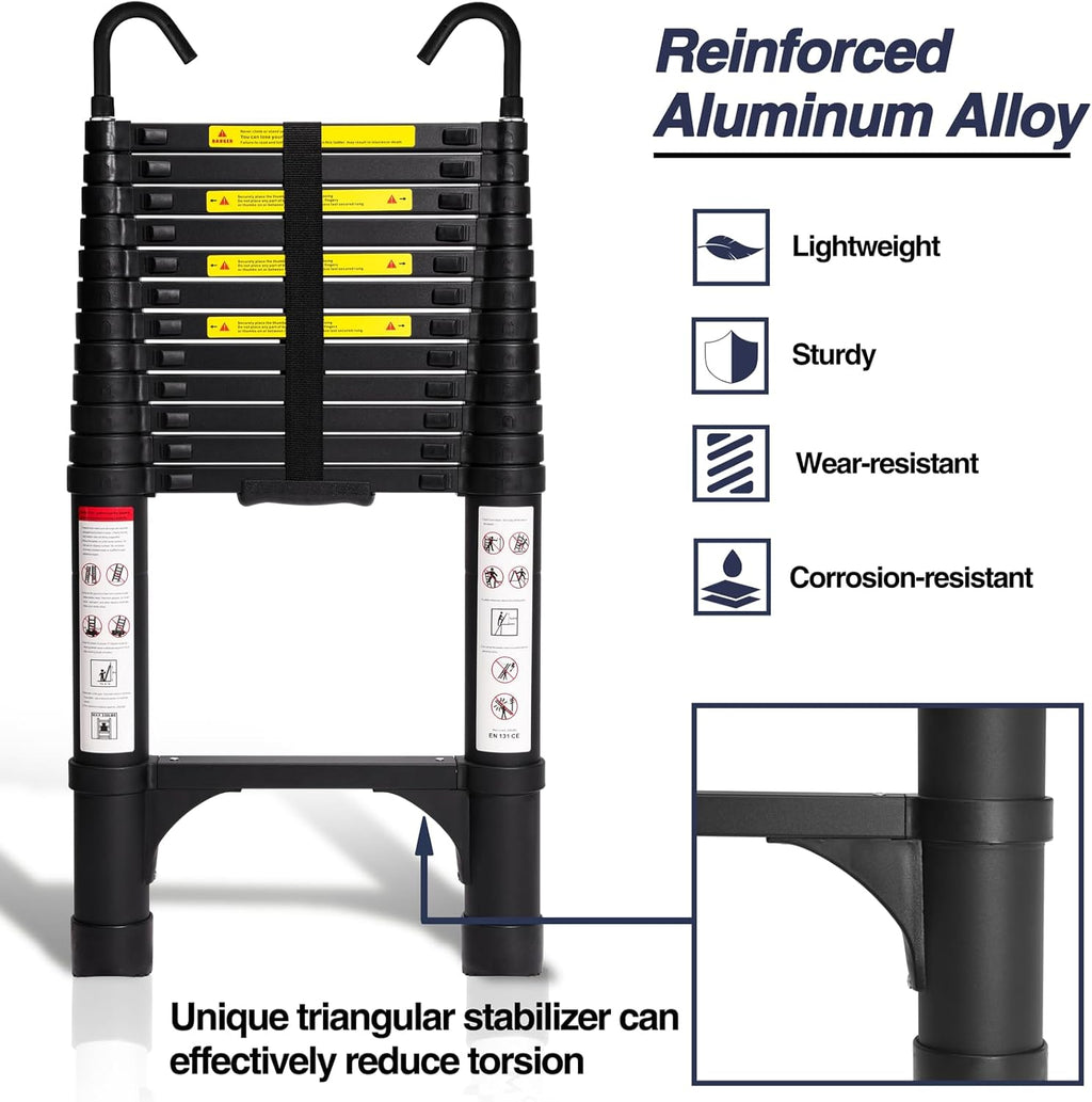 Lightweight, multi-functional, foldable aluminum telescopic ladder with two triangular stabilizers; maximum load capacity 330 lbs.