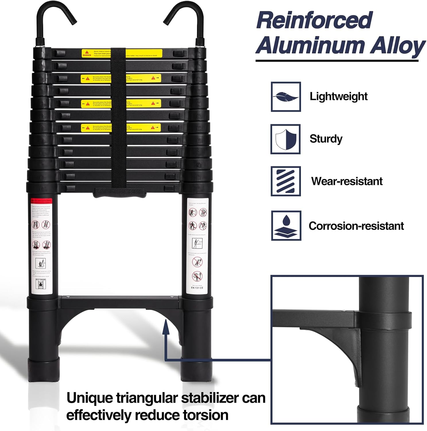 Lightweight, multi-functional, foldable aluminum telescopic ladder with two triangular stabilizers; maximum load capacity 330 lbs.