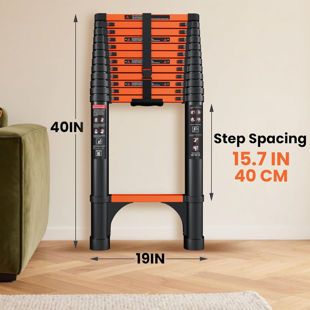 Telescopic ladder, aluminum alloy telescopic ladder, 330 lbs load capacity, multi-purpose foldable ladder for home and office use; orange