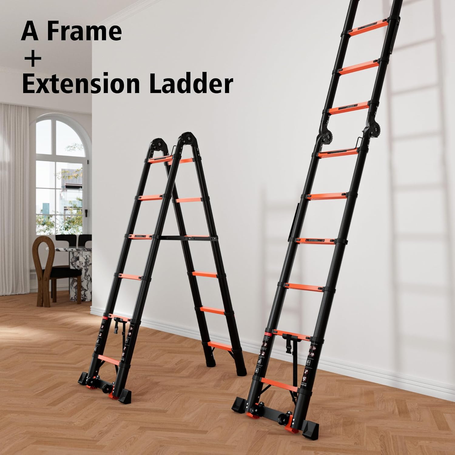 Telescopic ladder, aluminum alloy telescopic ladder, 330 lbs load capacity, multi-purpose foldable ladder for home and office use; orange