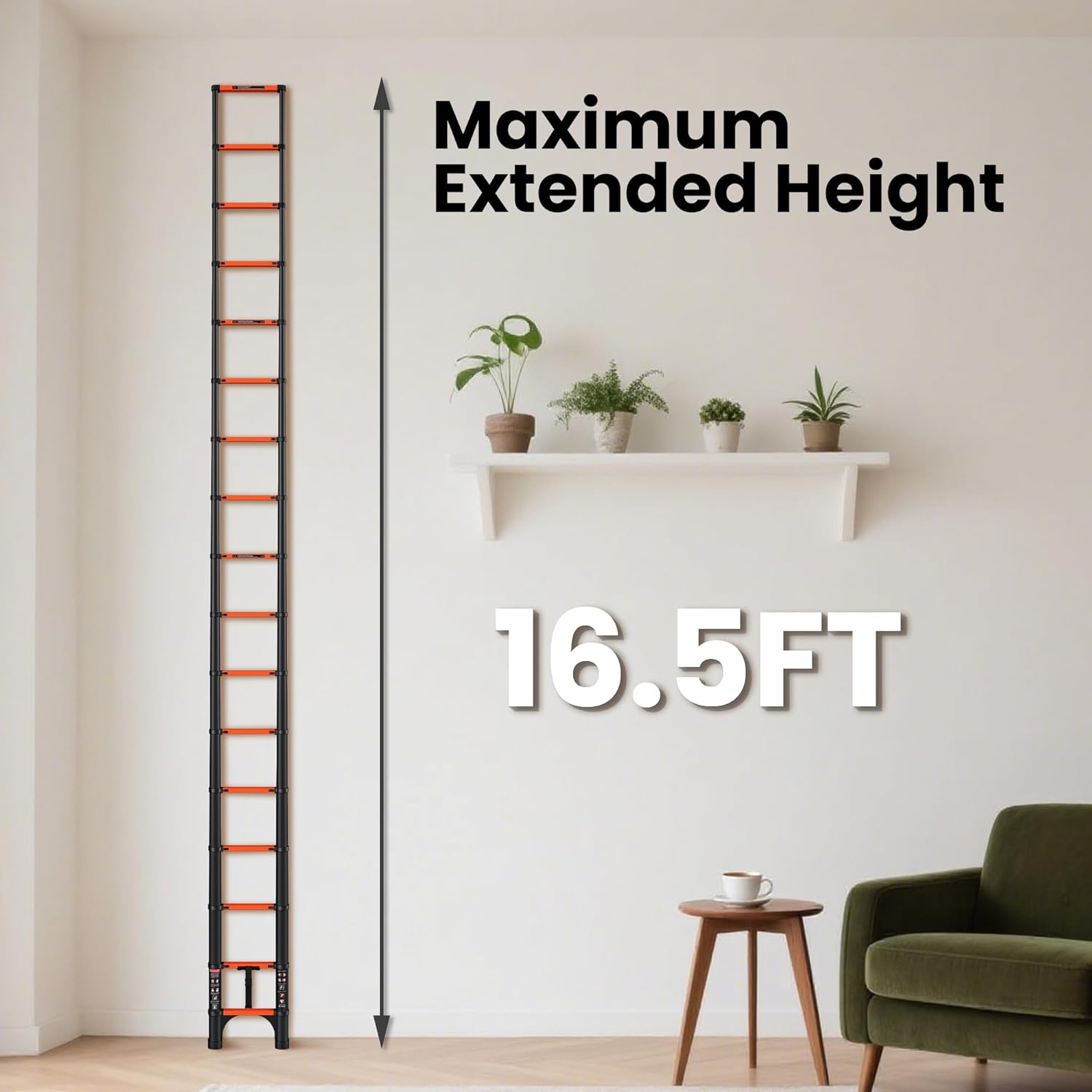 Telescopic ladder, aluminum alloy telescopic ladder, 330 lbs load capacity, multi-purpose foldable ladder for home and office use; orange