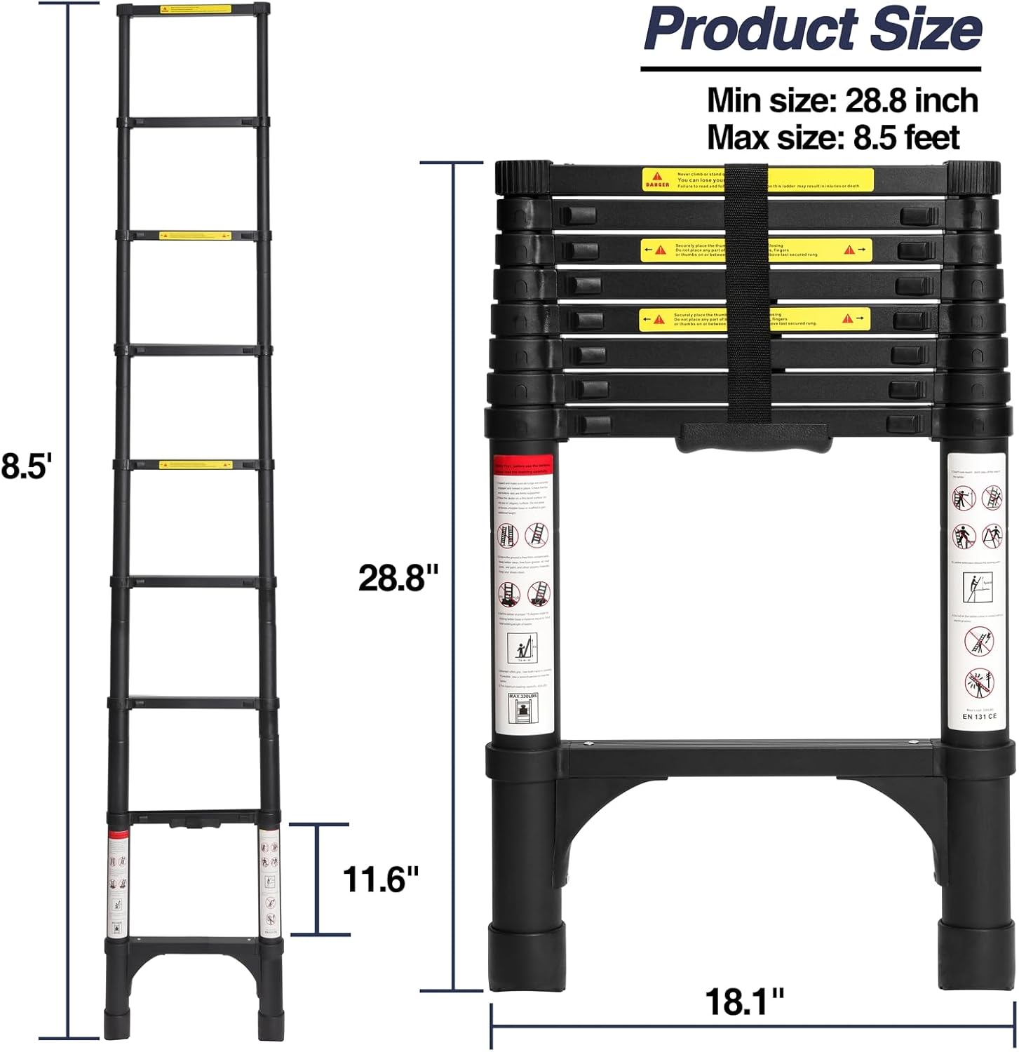 Lightweight, multi-functional, foldable aluminum telescopic ladder with two triangular stabilizers; maximum load capacity 330 lbs.