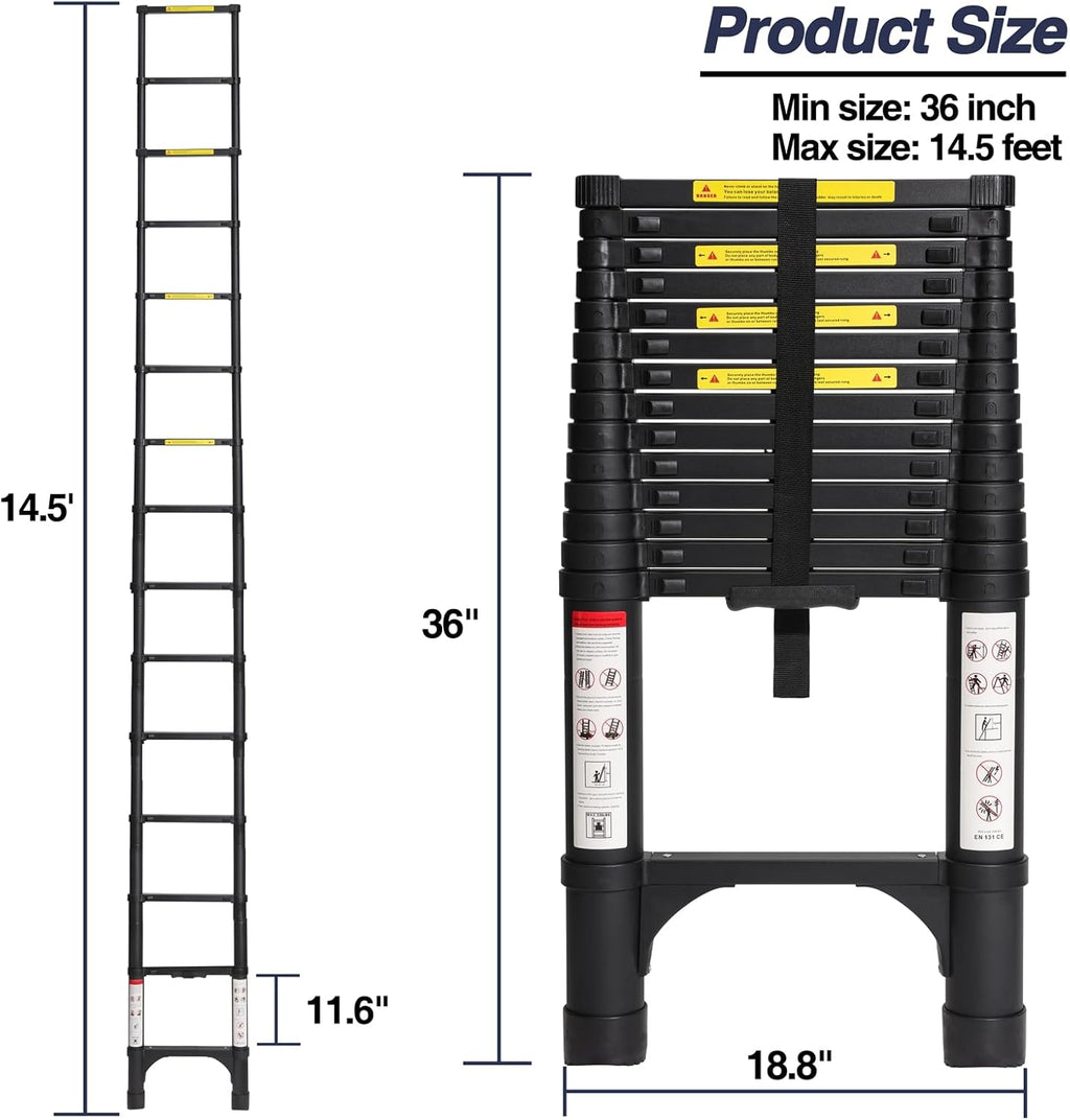 Lightweight, multi-functional, foldable aluminum telescopic ladder with two triangular stabilizers; maximum load capacity 330 lbs.