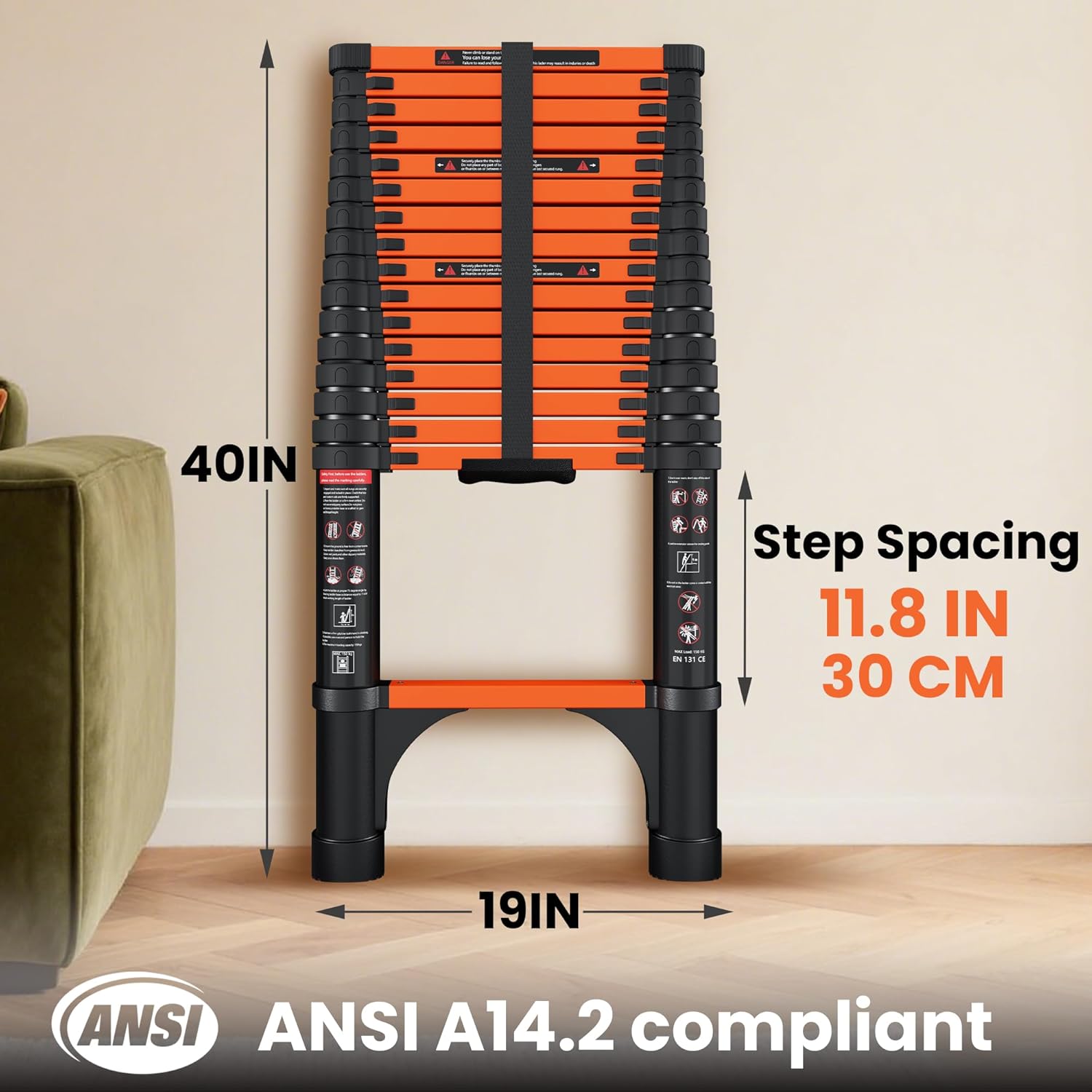 Telescopic ladder, aluminum alloy telescopic ladder, 330 lbs load capacity, multi-purpose foldable ladder for home and office use; orange
