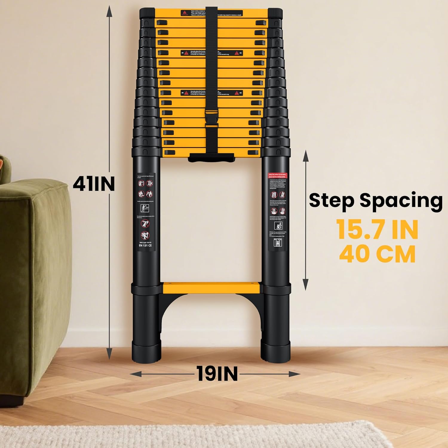 Telescopic ladder, aluminum alloy telescopic ladder, 330 lbs load capacity, multi-purpose foldable ladder for home and office use; orange