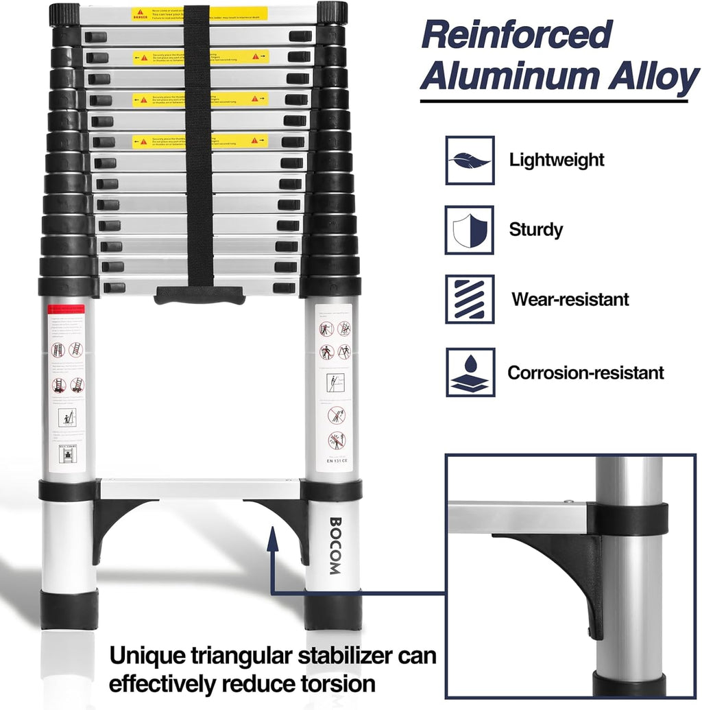 Lightweight, multi-functional, foldable aluminum telescopic ladder with two triangular stabilizers; maximum load capacity 330 lbs.