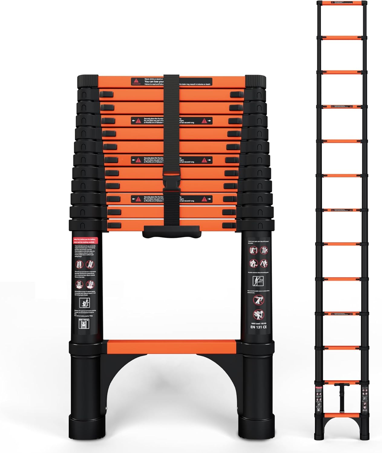 Telescopic ladder, aluminum alloy telescopic ladder, 330 lbs load capacity, multi-purpose foldable ladder for home and office use; orange