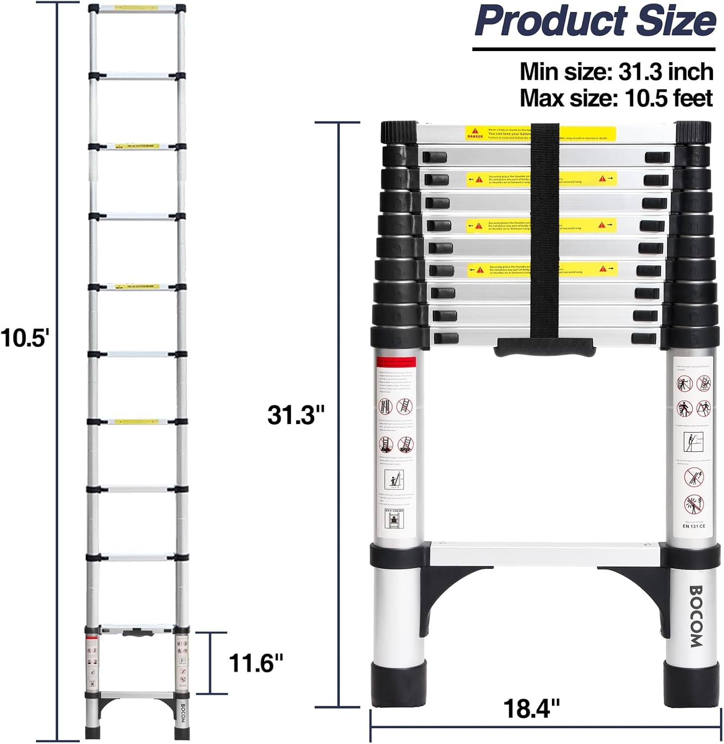Lightweight, multi-functional, foldable aluminum telescopic ladder with two triangular stabilizers; maximum load capacity 330 lbs.