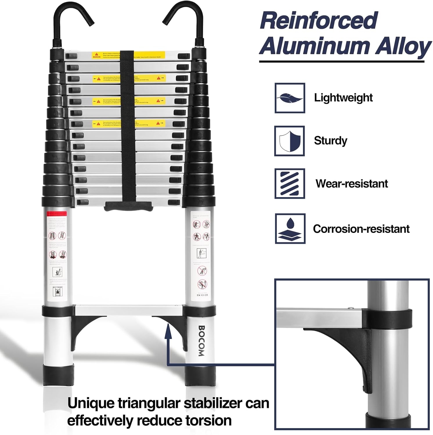 Lightweight, multi-functional, foldable aluminum telescopic ladder with two triangular stabilizers; maximum load capacity 330 lbs.