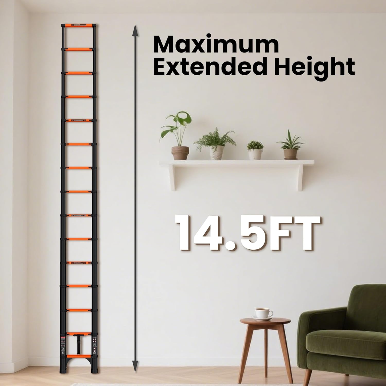 Telescopic ladder, aluminum alloy telescopic ladder, 330 lbs load capacity, multi-purpose foldable ladder for home and office use; orange