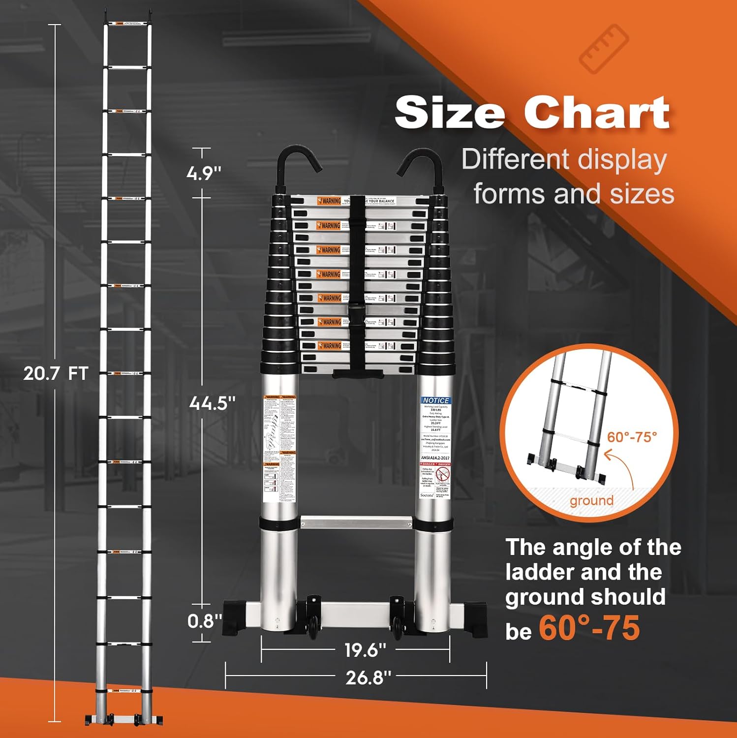 Lightweight aluminum telescopic ladder with 2 triangular stabilizers, maximum load capacity 330 lbs.