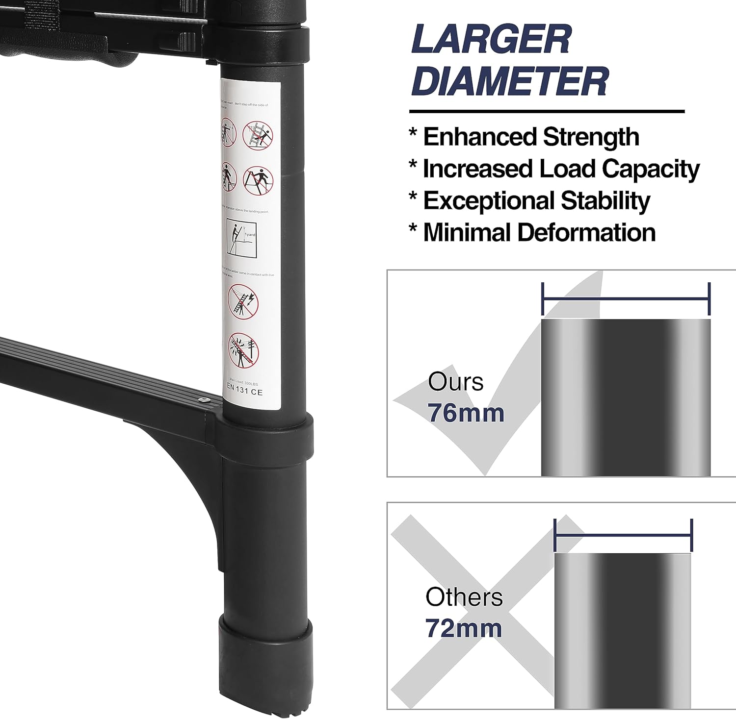 Lightweight, multi-functional, foldable aluminum telescopic ladder with two triangular stabilizers; maximum load capacity 330 lbs.