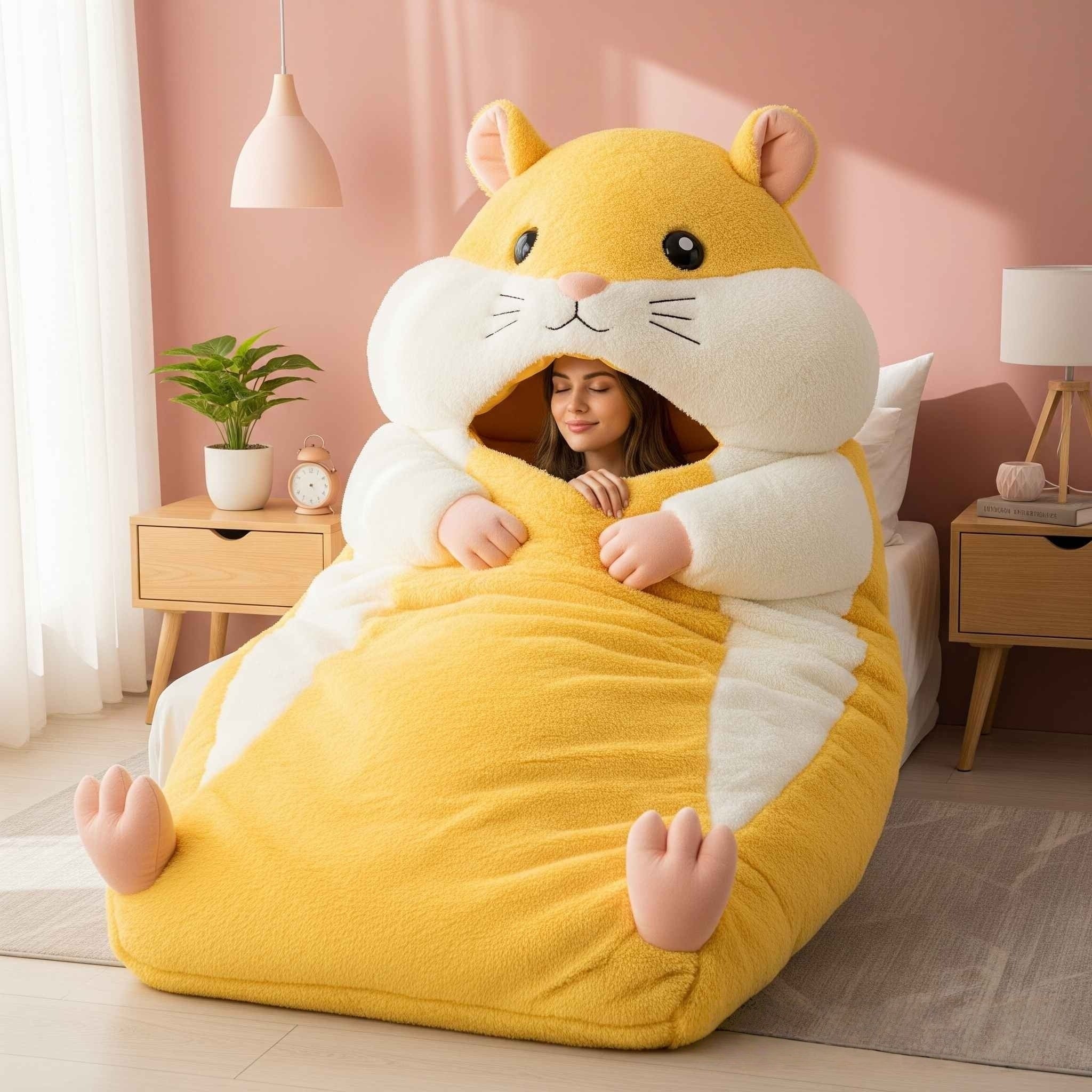 Fluffy Hamster Shaped Sleeping Bag to Snuggle Away Stress